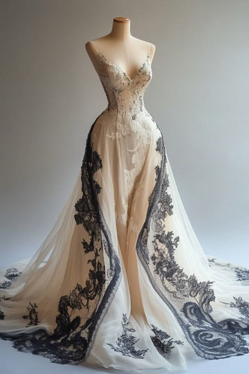 A Line Spaghetti Strap Lace Appliques Ivory Chiffon Prom Dress Graduation Prom Dress HZ1023